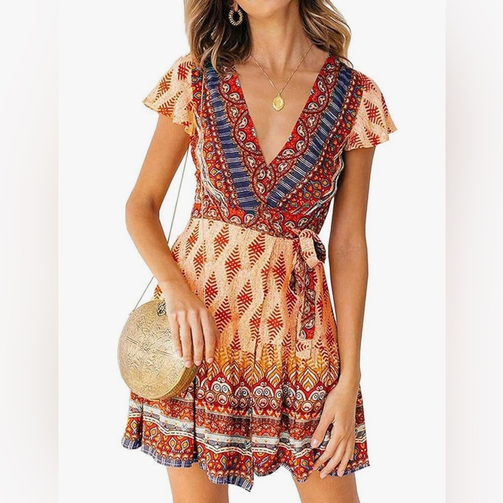 NWT Cream and Red V-Neck Wrap Flutter Sleeve Sundress